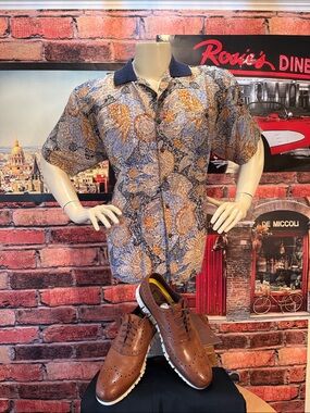 SUMMA Silk Shirt in Navy and Gold Paisley Print